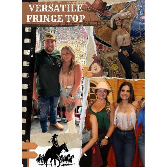 Women's Khaki Fringe Tank Top Western Festival Clothing Cowgirl V Neck Outfits - Picture 5 of 6